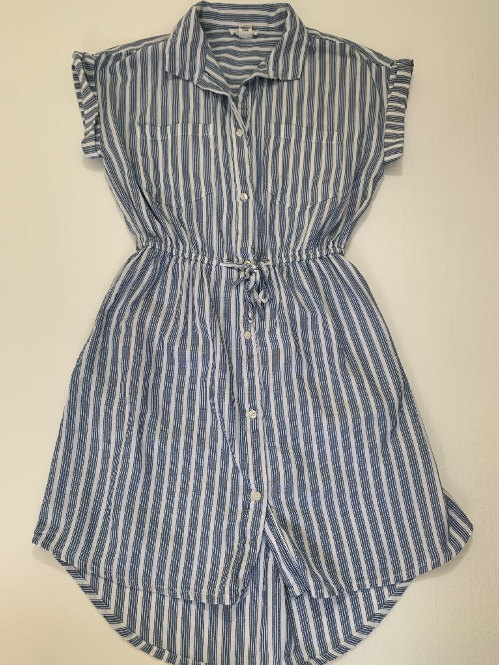 Japra Striped Blue Button-Front Shirt Dress with Drawstring Waist